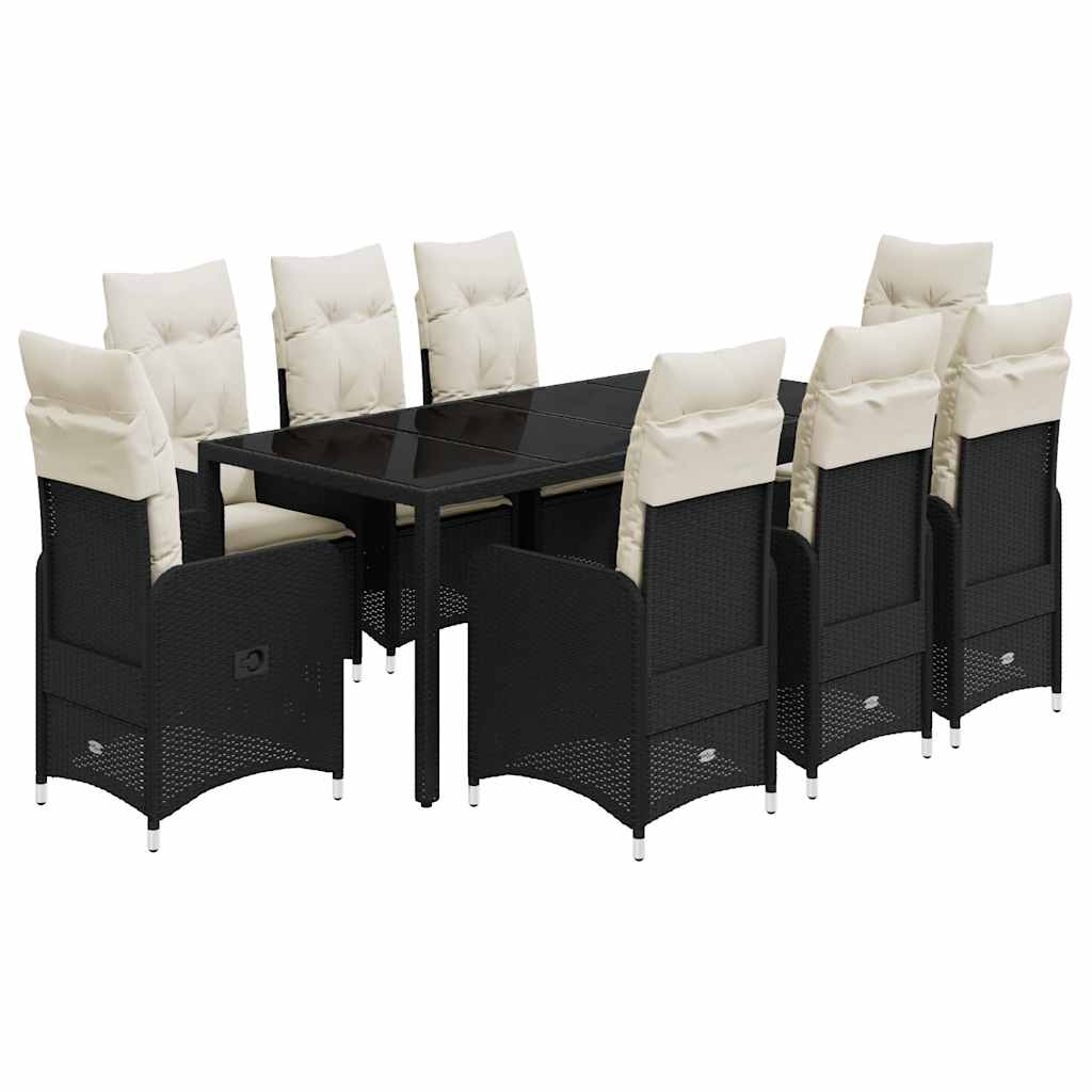 Bistro Set Black PE rattan, powder-coated steel, tempered glass