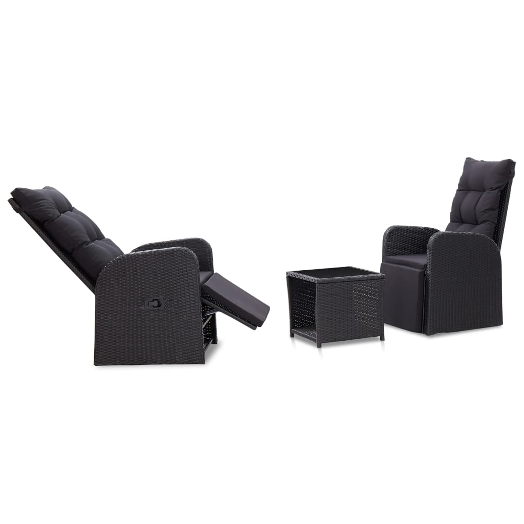 Bistro Set Black PE Rattan Standard Adjustable Footrests