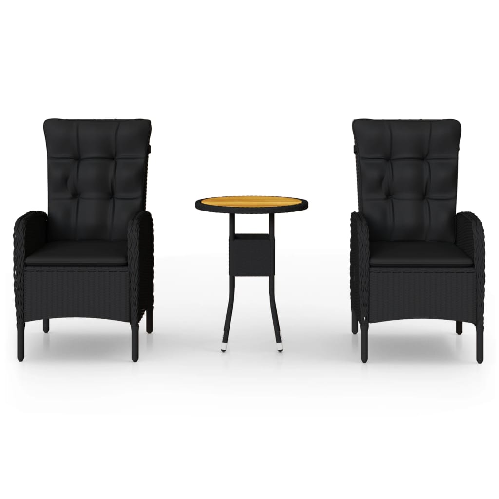 Bistro Set Black Poly Rattan, Steel, Solid Acacia Wood Medium
