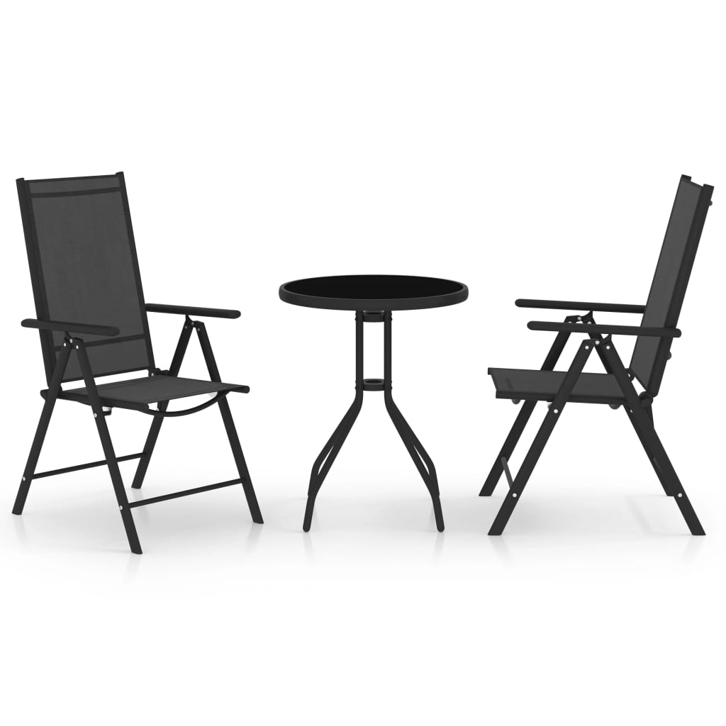 Bistro Set Black Powder-coated aluminum, textilene, glass, steel