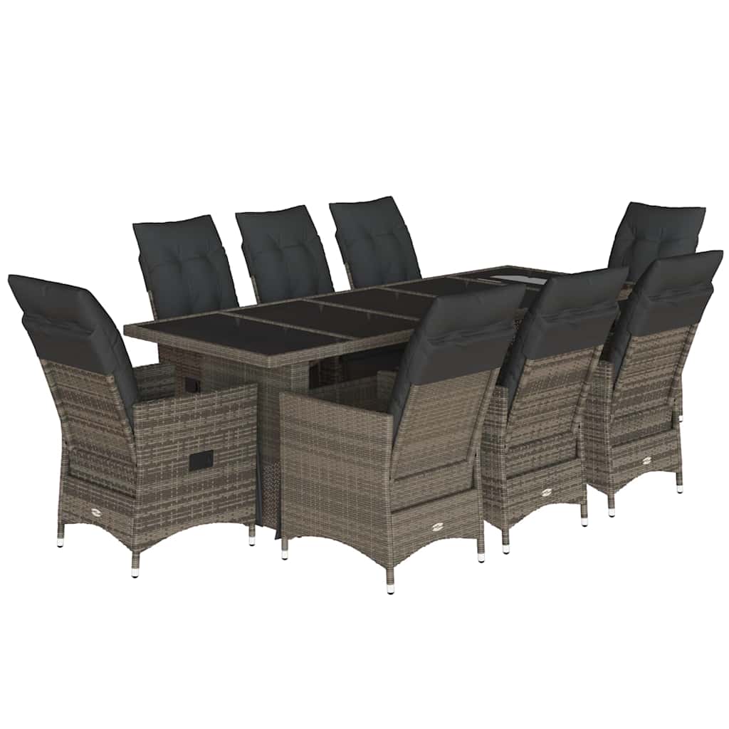 Bistro Set Grey PE Rattan, Powder-coated Steel, Tempered Glass