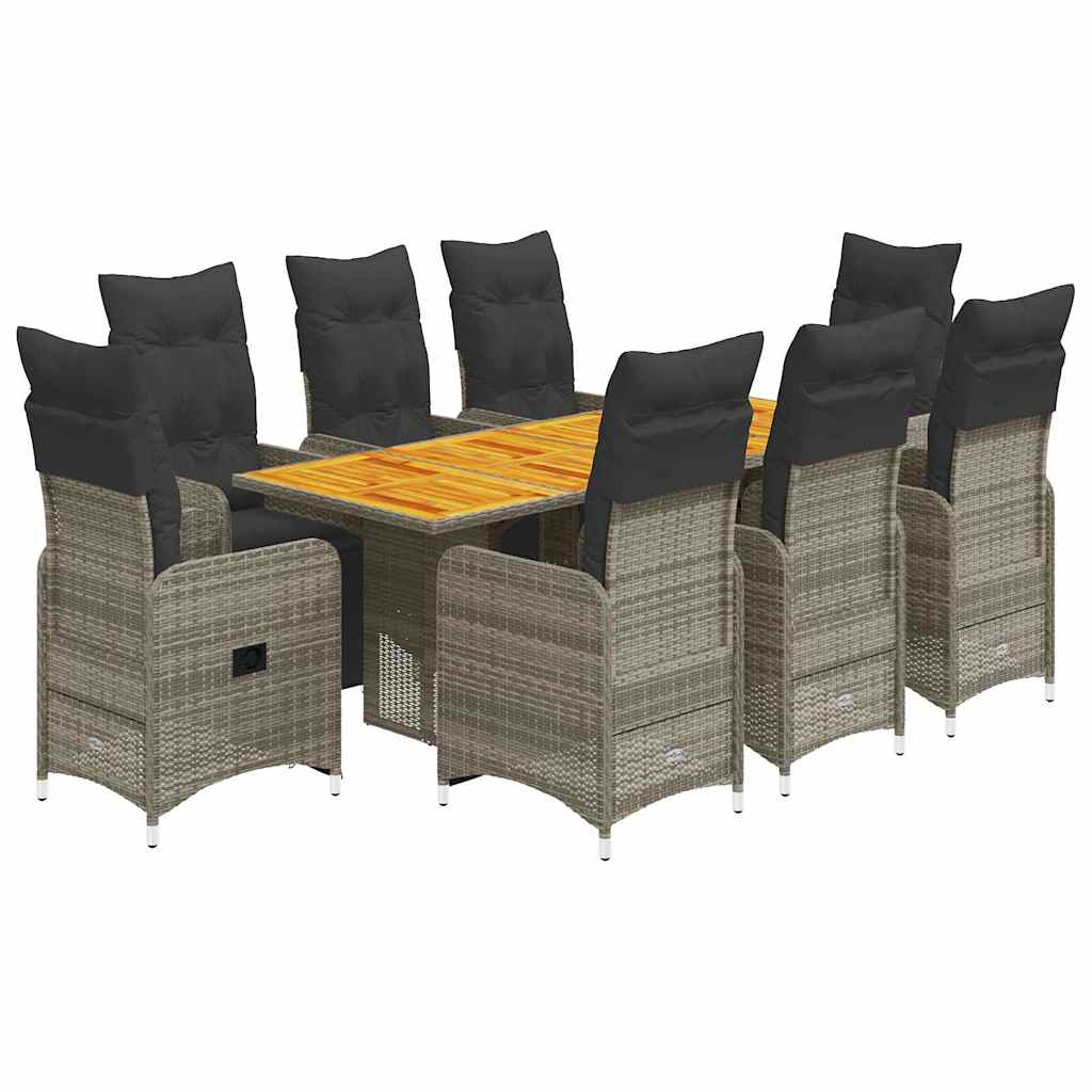 Bistro Set Grey PE Rattan, Steel, Solid Acacia Wood, Polyester