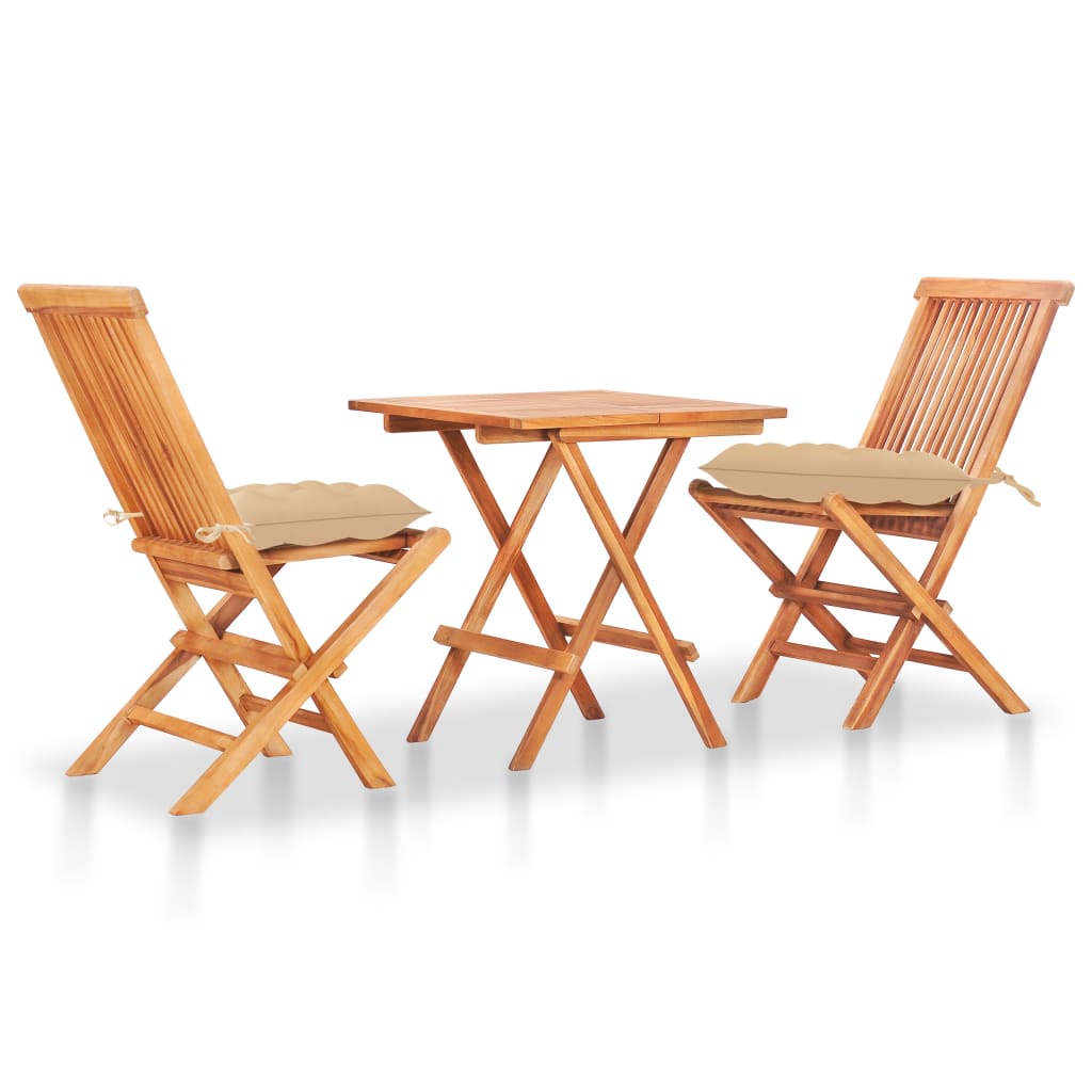 Bistro Set Set of 3 Beige Solid Teak Wood, 100% Polyester