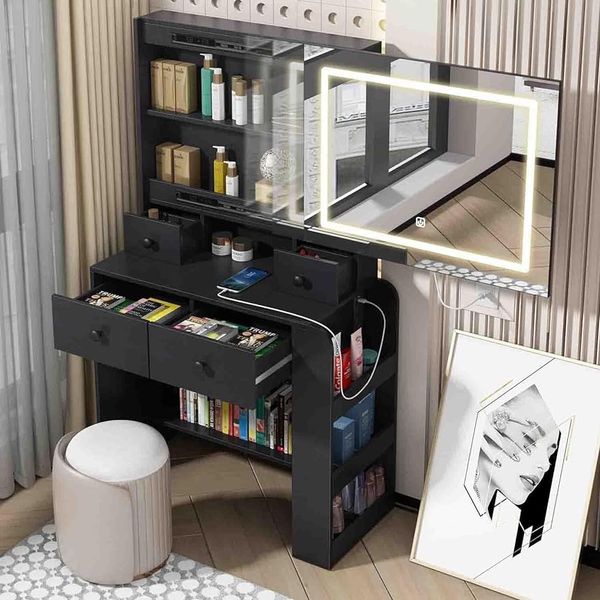 BJYXO Lighted Mirror with 3-Color Adjustable Touch Light and Sliding Drawers for Vanity Desk