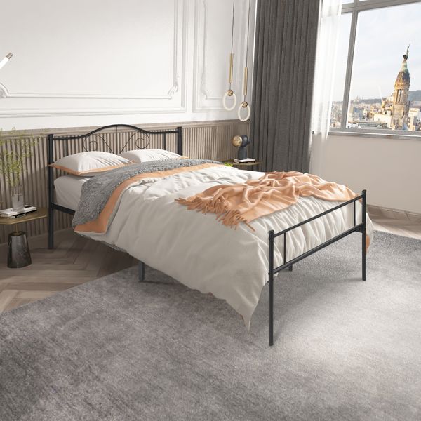 Black twin-size metal bed frame for adults and kids, ideal for bedrooms and dorms with ample under-bed storage