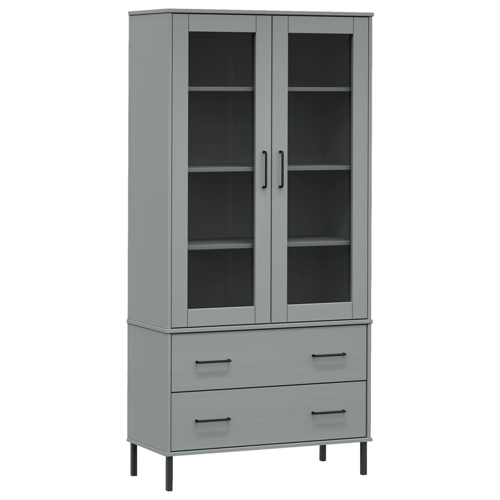 Bookcase Grey Solid pine wood, glass, metal Tall Bookcase