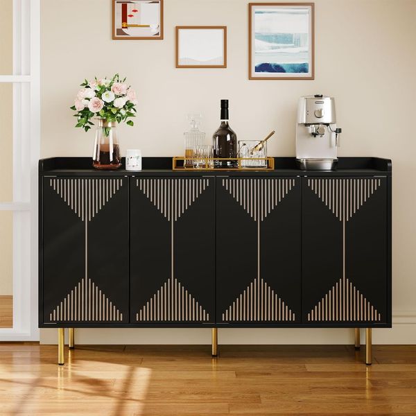 Buffet Cabinet with Storage, 55" Sideboard featuring modern coffee bar design, carved doors, and 300 lbs capacity in black