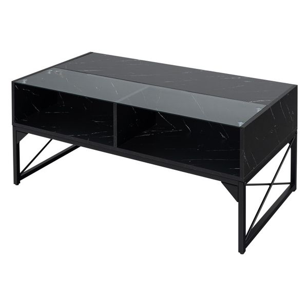 Center table featuring a faux marble base and tempered glass top