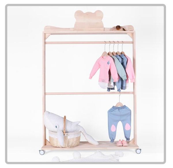 Children's room furniture racks featuring bear and crown double pole floor-standing wooden roller hangers for clothing store displays