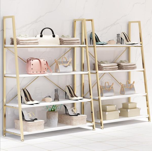 Clothing store display shelf for commercial furniture, featuring multi-tier shoe racks and jewelry ladder shelving