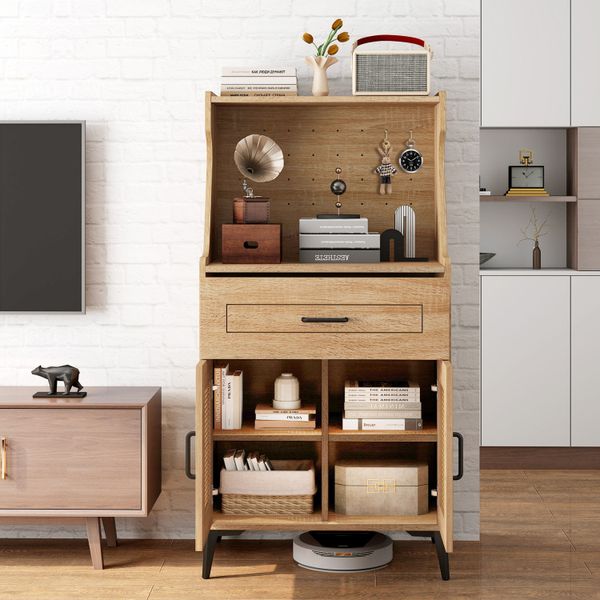 Coffee bar cabinet featuring a pegboard, storage drawer, and customizable shelf