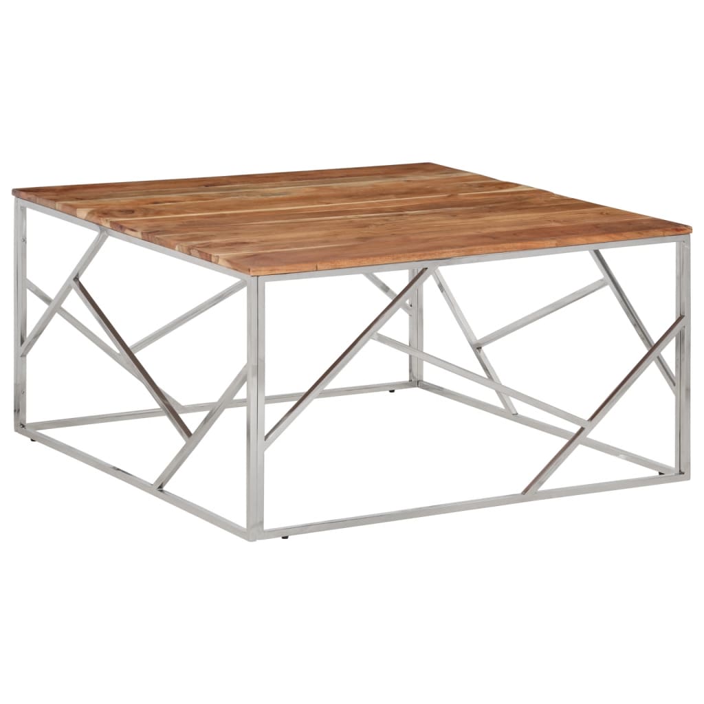 Coffee Table Silver, Natural Wood Stainless Steel, Solid Acacia Wood