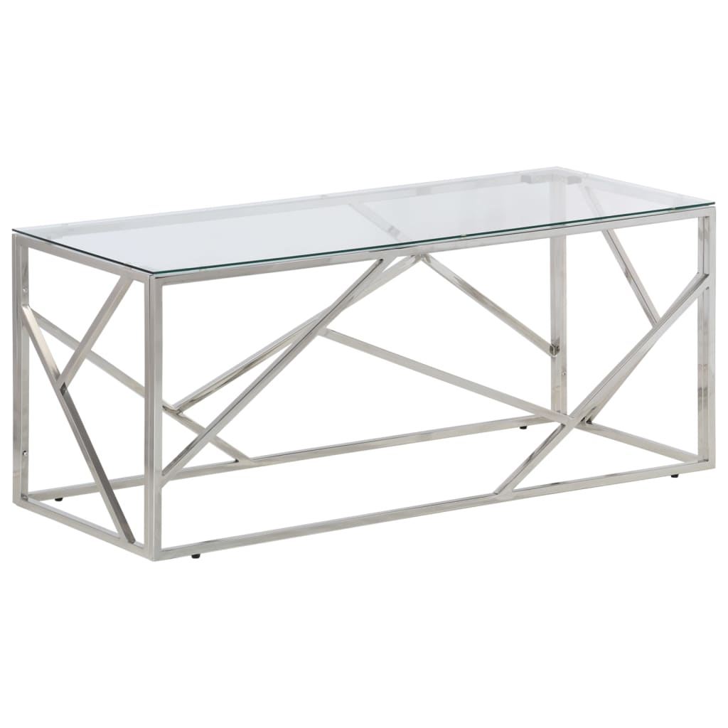 Coffee Table Silver Stainless Steel, Tempered Glass Medium Modern