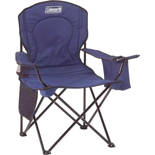 Coleman portable camping chair featuring 4-can cooler, cushioned seat and backrest, side pockets, cup holder, and carrying handle