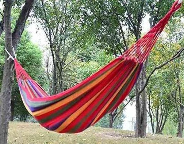 Colorful striped double hammock for travel, camping, garden or indoor use, includes carry bag, measures 280x80cm, available for dropshipping