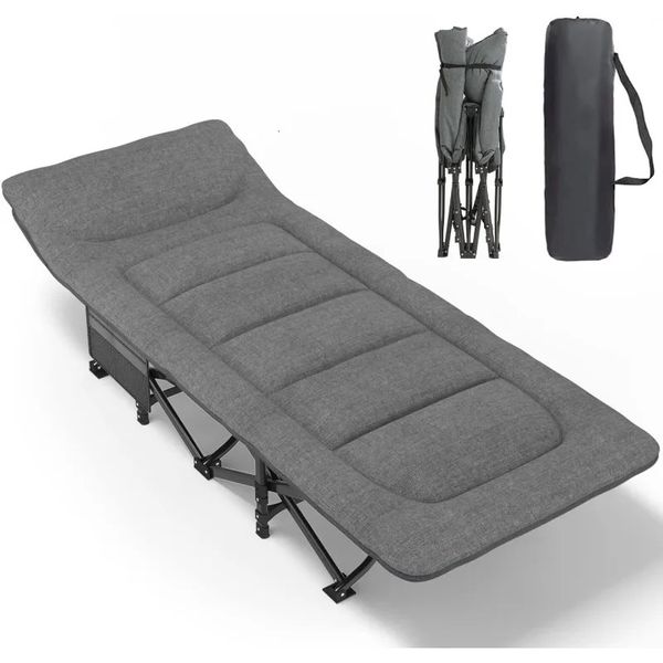 Comfortable adult camping cot featuring cushion, pillow, and carry bag, lightweight and foldable for easy transport, supports up to 240621