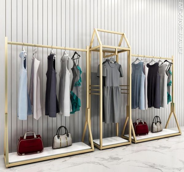 Commercial floor-standing clothing racks for men's and women's apparel shops with side-hanging garment combinations