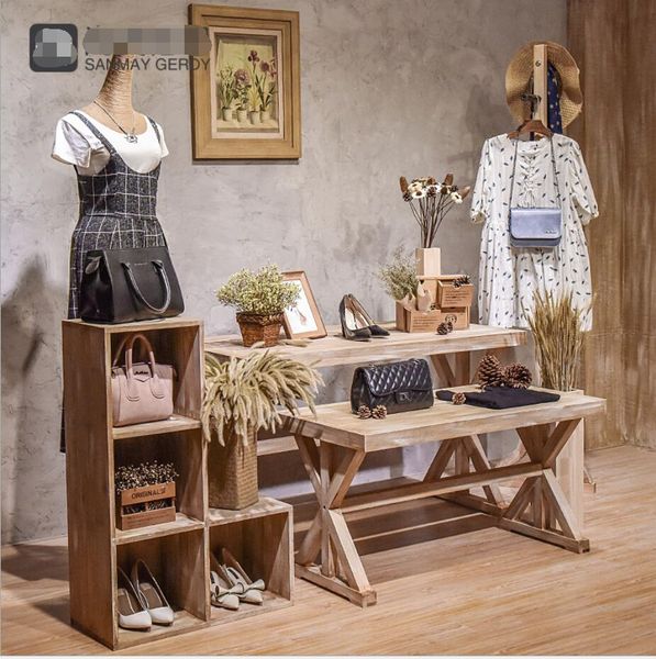 Commercial furniture display table for old clothes shops with high and low flow platforms, floor stands for shoe stores, and solid wood creative decor for flower arrangements