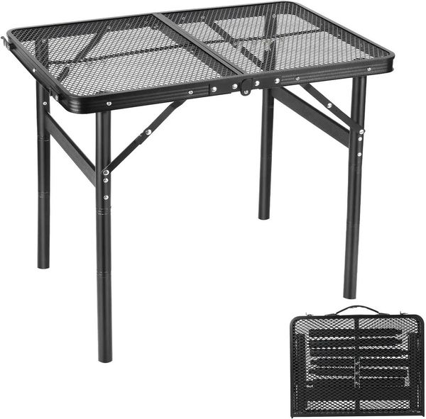 Compact 2-foot camping table with adjustable height, grid top, and carrying handle for outdoor use
