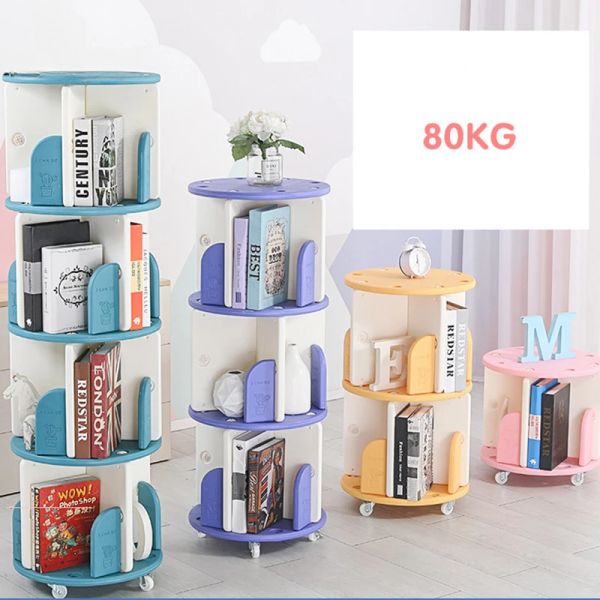 Compact 360-degree rotating bookshelf for kids' picture books, simple floor-standing design ideal for homes and students