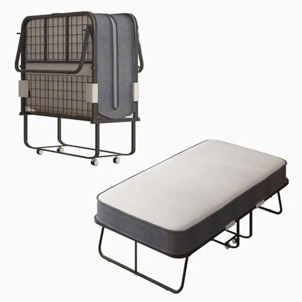 Compact 5" foam folding mattress on wheels, easy-to-assemble space-saving guest bed in dark grey