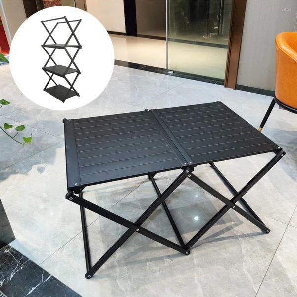 Compact folding camp shelf with two/three-tier aluminum alloy design for versatile outdoor BBQ and camping use in black
