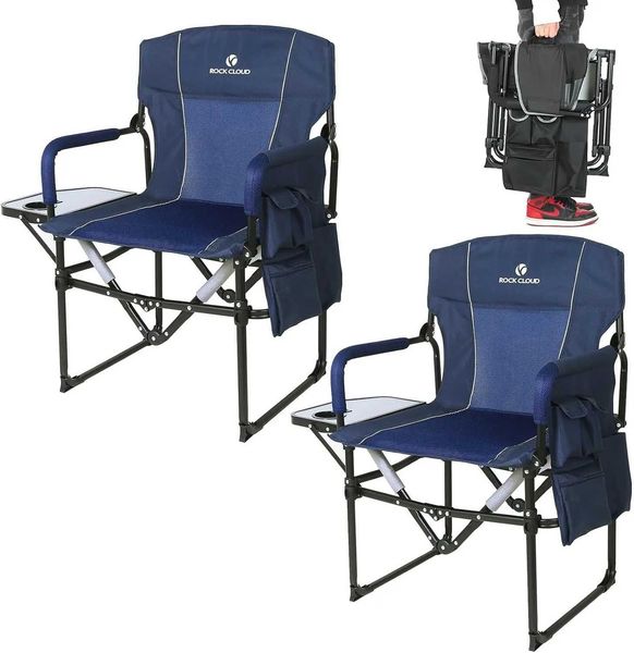 Compact folding camping chair featuring storage bag and side table, ideal for outdoor and lawn use
