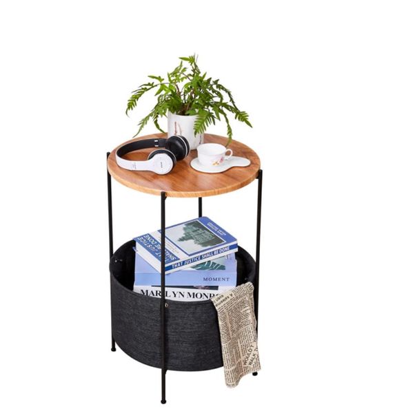 Compact round side table featuring a storage basket, ideal for bedrooms, living rooms, or home offices