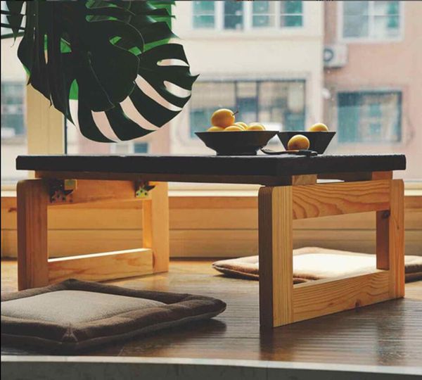 Compact solid wood tea table for tatami living rooms, Japanese-style low folding bay window table