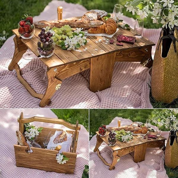 Compact wooden folding table for outdoor adventures, beach trips, and picnics with built-in storage