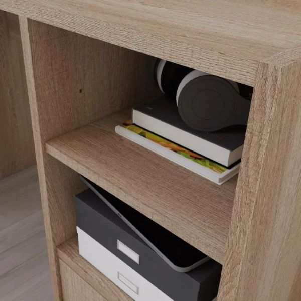 Computer desk featuring storage compartments in a summer oak finish