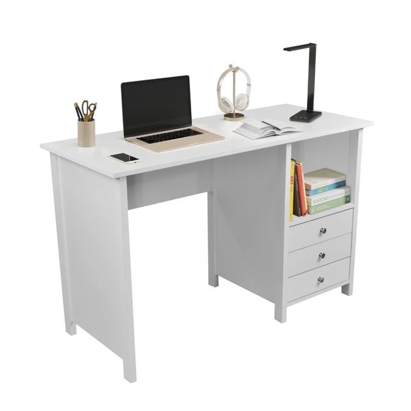 Contemporary desk featuring three storage drawers, ideal for office or laptop use with a sleek modern design