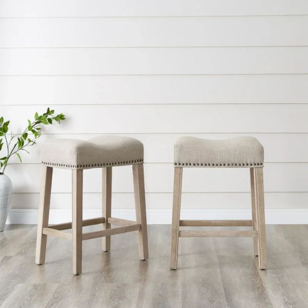 Counter-height stool set of 2 in gray fabric with solid rubberwood construction
