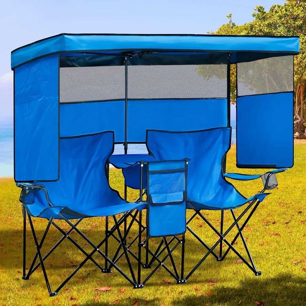 Covered camping chairs with sun shade, sturdy folding beach loveseat featuring cup holders, ideal for outdoor lawns and terraces