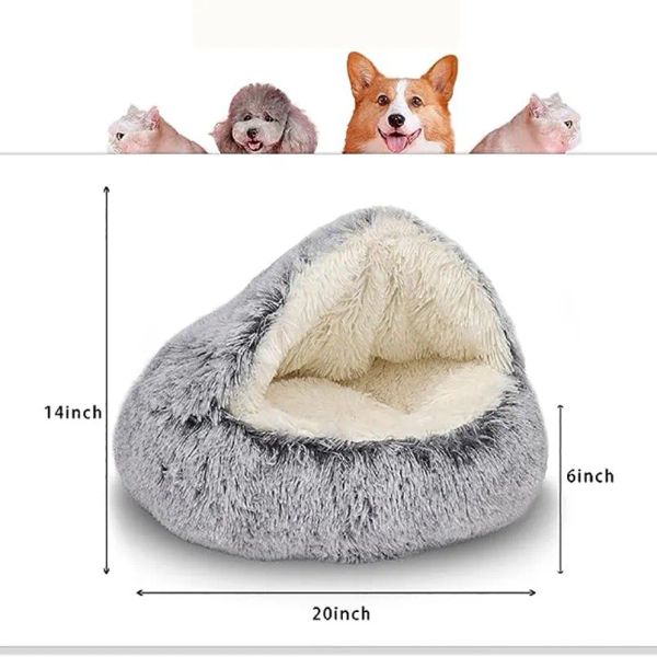 Cozy plush pet bed with removable cover, round cat mattress and warm 2-in-1 sleeping nest or cave for small dogs