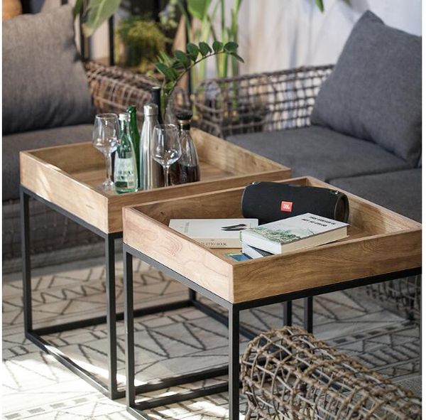 Creative wooden tea table for living room with iron art legs, customizable for family or balcony use