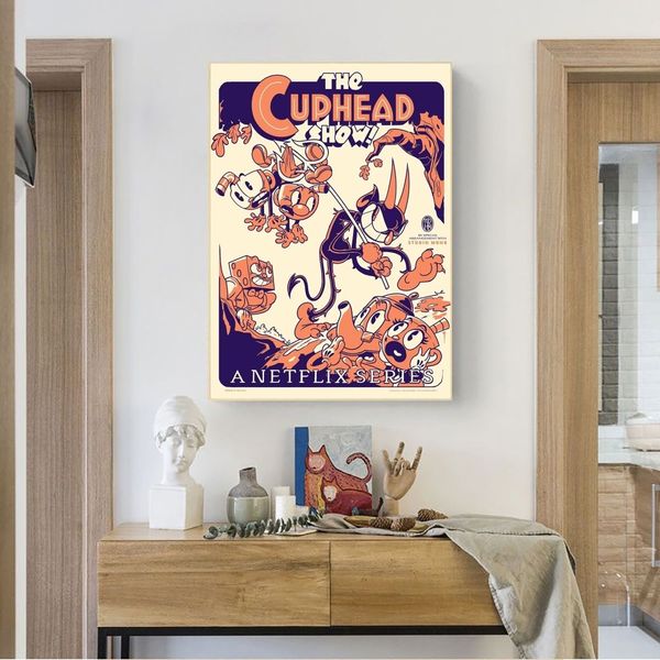 Cuphead game art poster, unframed, featuring vintage kraft paper design for bars, clubs, or bedroom wall decor