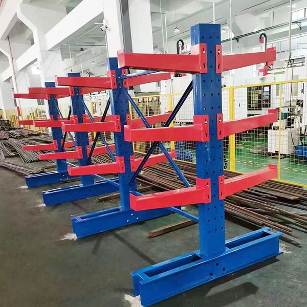 Customized cantilever shelving for single or double-sided heavy-duty storage with reinforced pipe supports