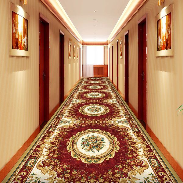 Custom-made long hallway carpets for European stair corridors, wedding venues, hotels, and area rugs featuring non-slip floral floor mats