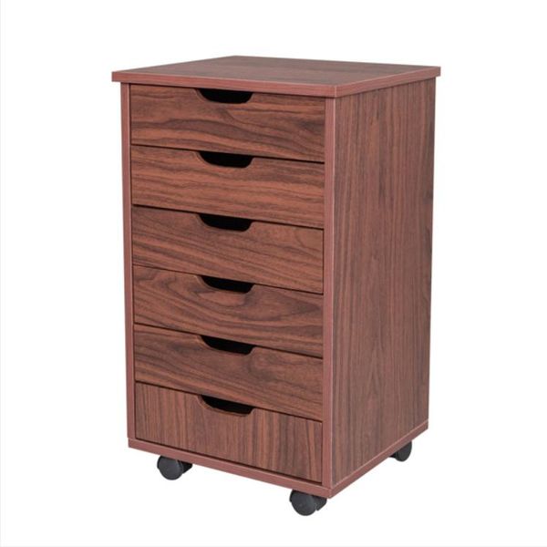 Dark walnut wooden filing cabinet with six drawers, made of MDF and PVC for the living room