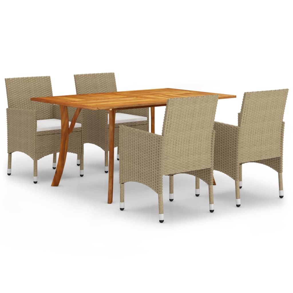Dining Set Beige, Cream Acacia Wood, PE Rattan, Polyester Standard