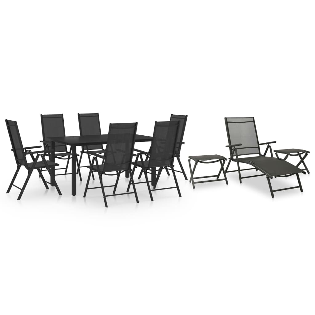 Dining Set Black Aluminum 10 Piece Set Adjustable Footrests