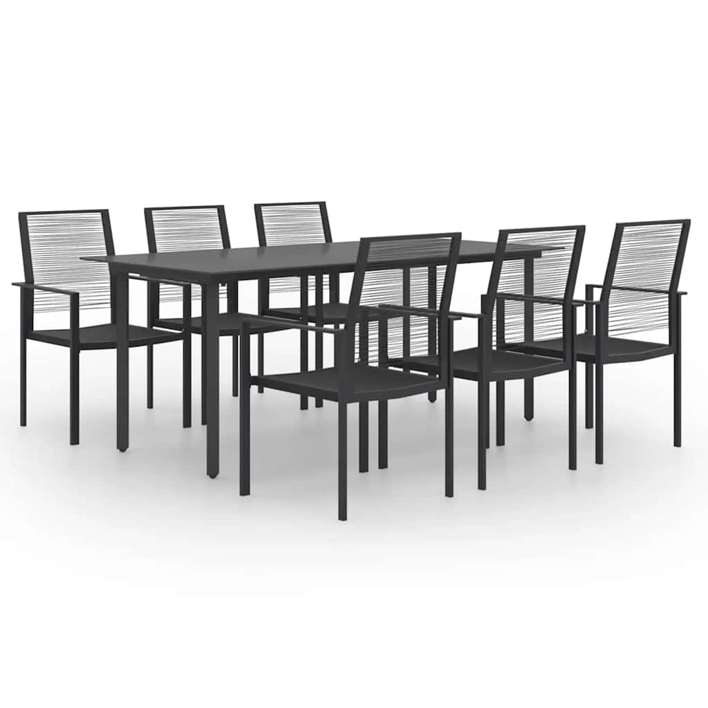 Dining Set Black Glass, Powder-Coated Steel, PVC Hollow Rattan