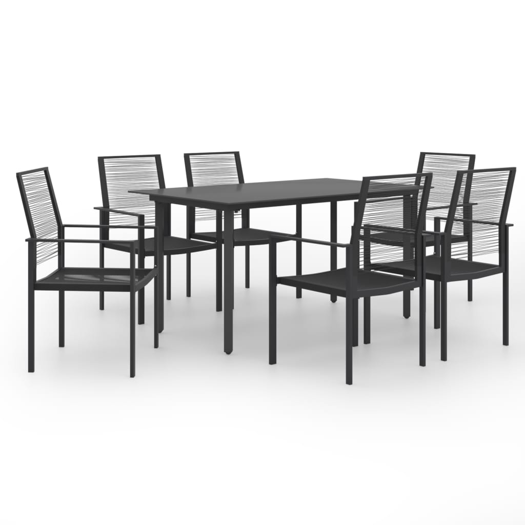 Dining Set Black Glass, Powder-Coated Steel, PVC Rattan 7-piece set