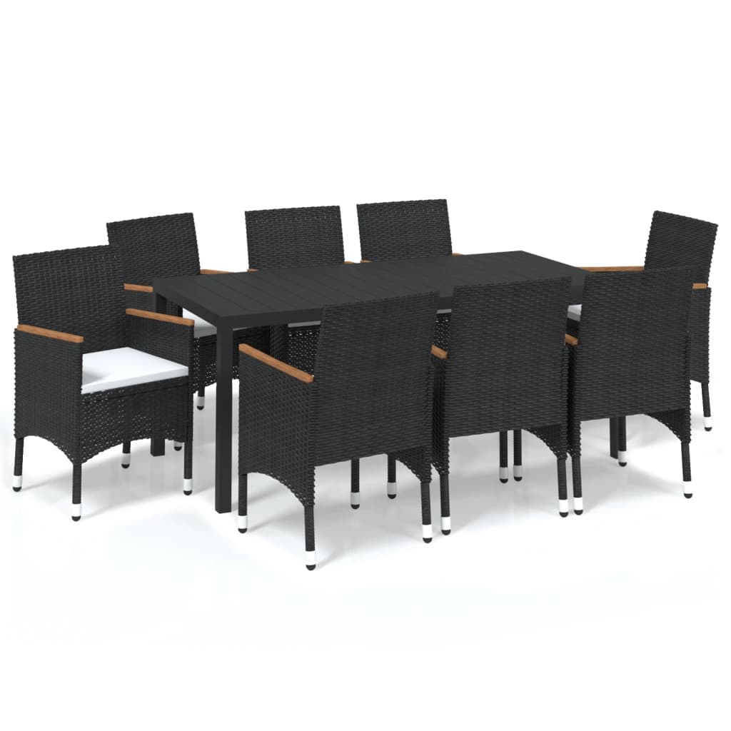 Dining Set Black PE Rattan, Steel, WPC, Aluminum, Solid Acacia Wood