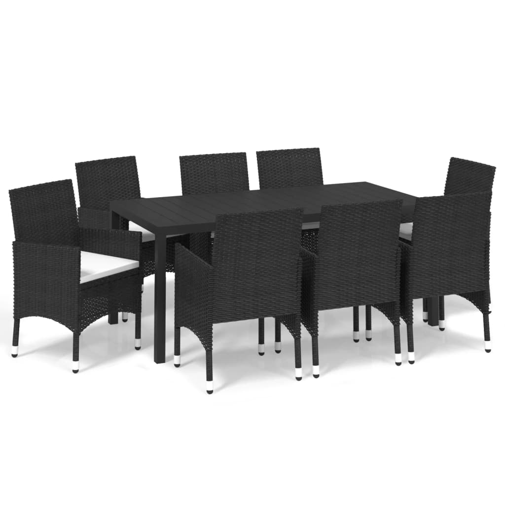 Dining Set Black Poly Rattan, Steel, WPC, Aluminum, Polyester