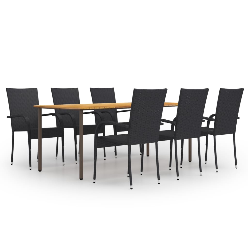 Dining Set Black Solid acacia wood and PE rattan Large Stackable