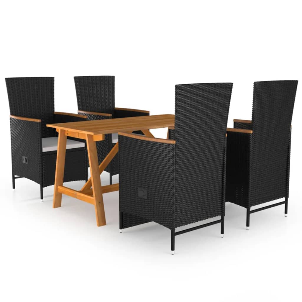 Dining Set Black Solid acacia wood, PE rattan, Powder-coated steel