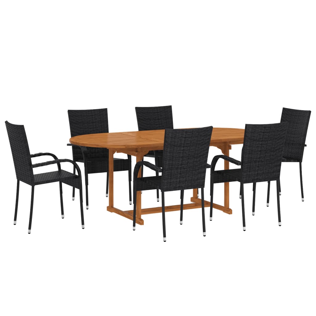 Dining Set Black Solid Acacia wood, PE rattan, Powder-coated steel