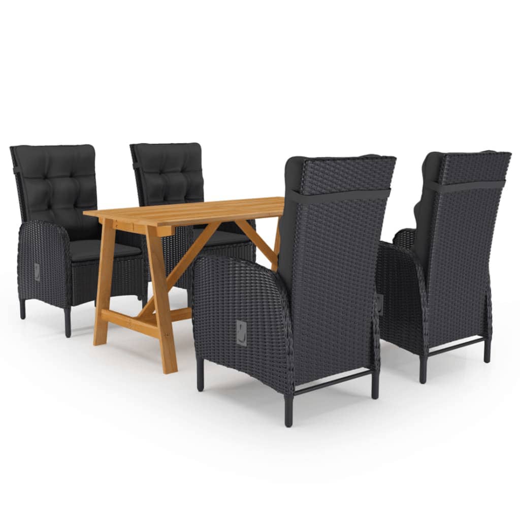 Dining Set Black Solid Acacia wood, PE rattan, powder-coated steel